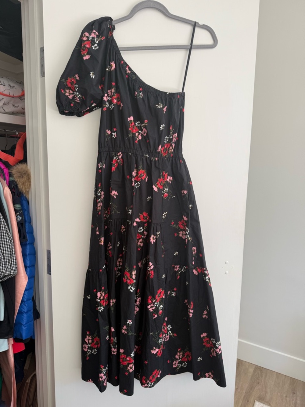 Rebecca Taylor Black One-Shoulder Floral Midi Dress